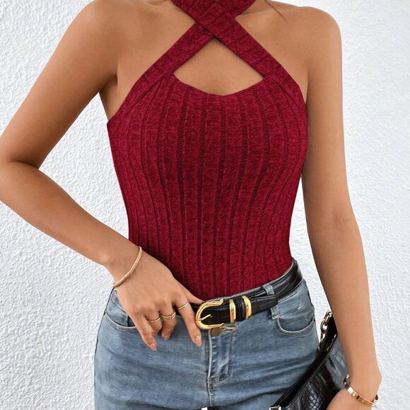 Burgundy Casual Women's Ribbed Knit Crisscross Halter Top - Picture 3 of 6